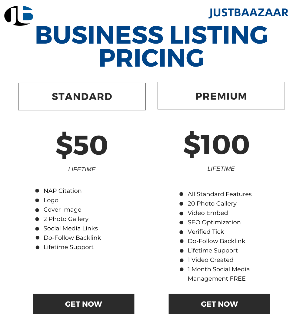 JustBaazaar Business Listing Pricing FREE Standard Premium
