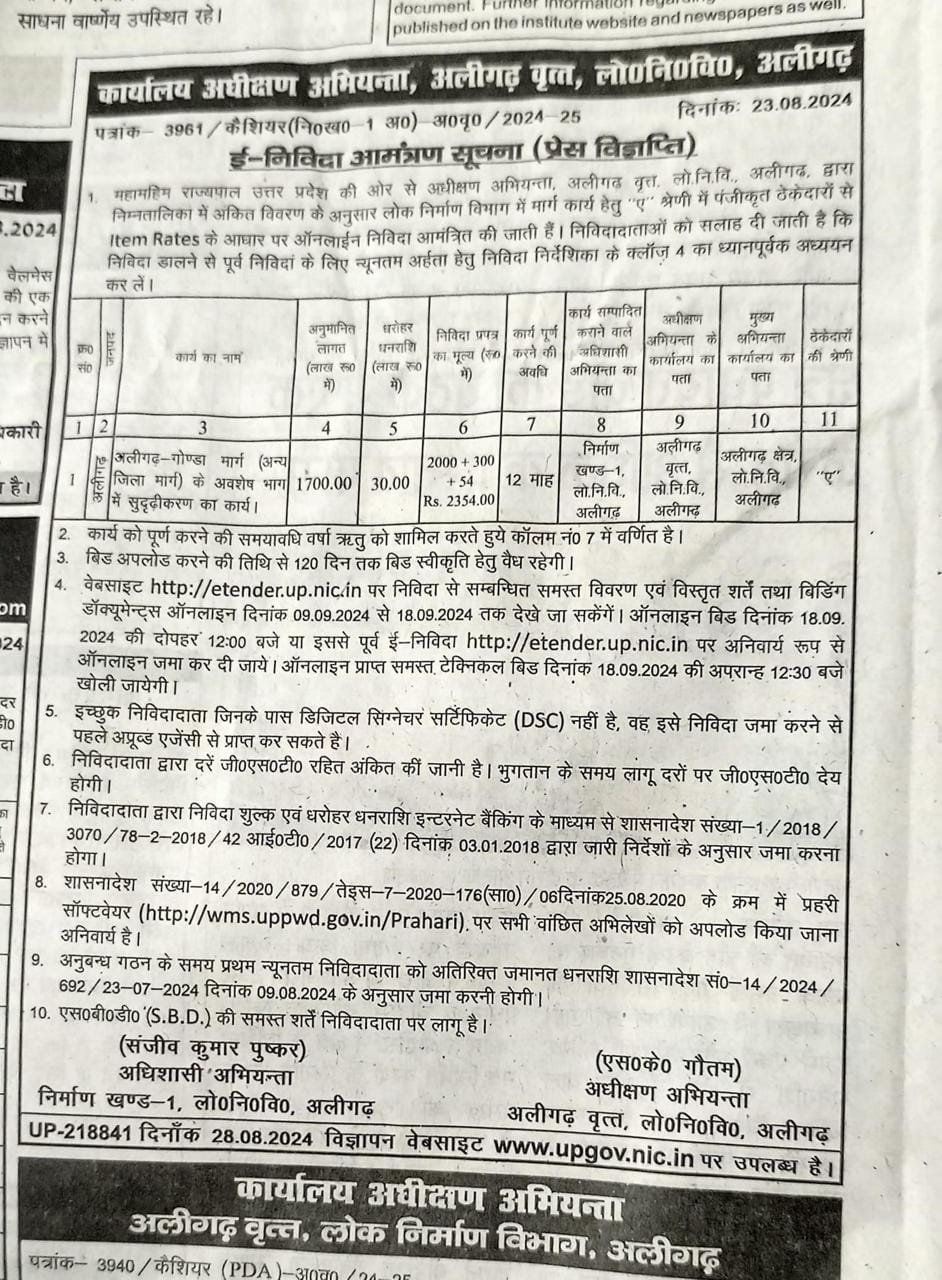 Tender for Road Repairing Aligarh Gonda Road