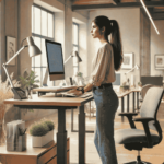 Person using a standing desk to reduce health risks associated with prolonged sitting