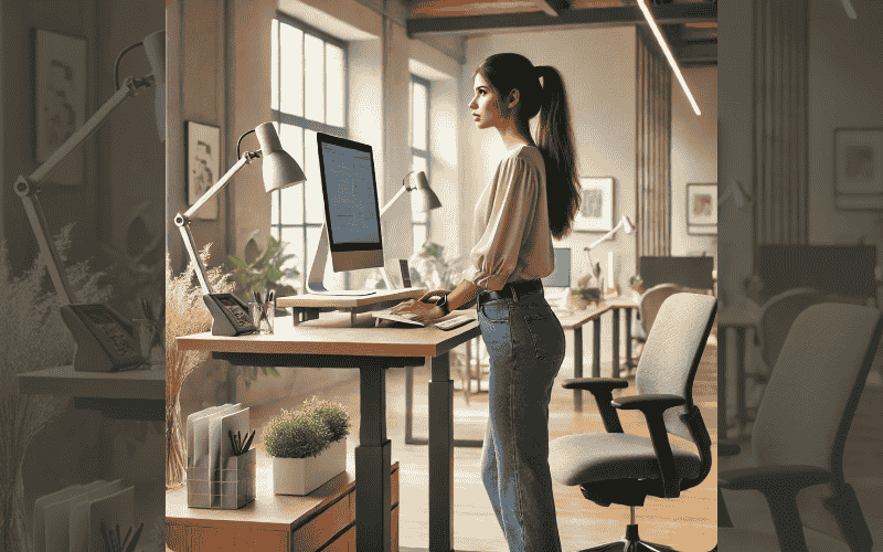 Person using a standing desk to reduce health risks associated with prolonged sitting