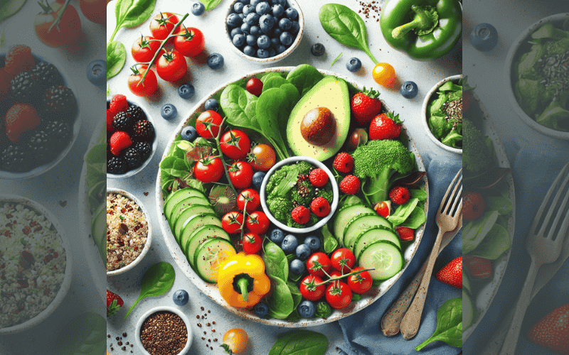 Nutritious meal with fresh fruits and vegetables for mental health improvement