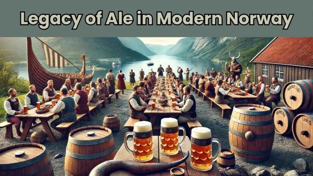 A scenic landscape of a Viking feast with drinking horns and modern craft brewery elements, set against a Norwegian fjord backdrop