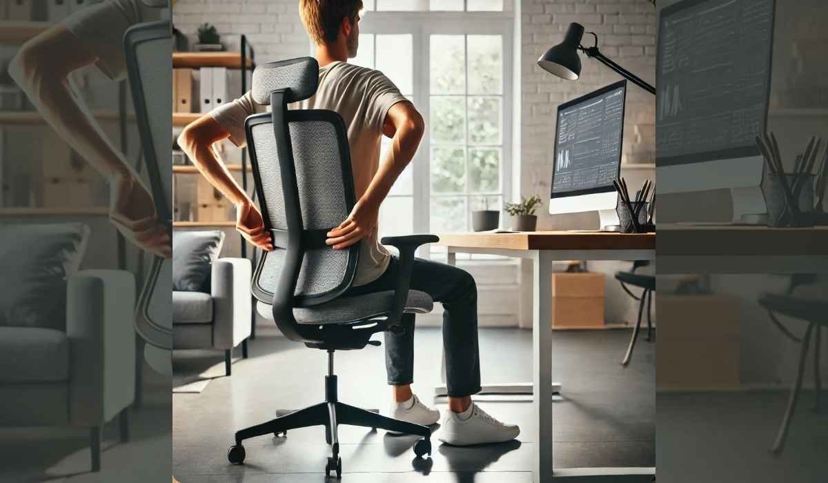 Person adjusting their office chair to improve posture at work