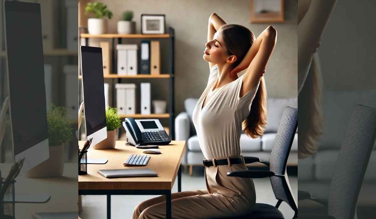 Woman doing a neck stretch to improve posture and reduce tension at her desk