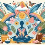 A peaceful self-care routine with a person meditating in a cozy