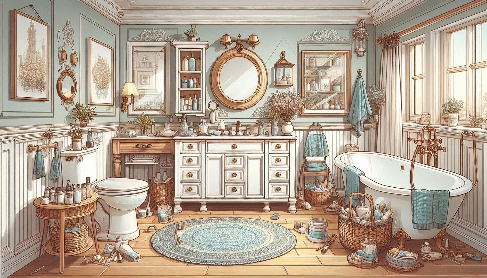 Before and after of a refreshed bathroom with updated fixtures, new paint, and stylish decor.