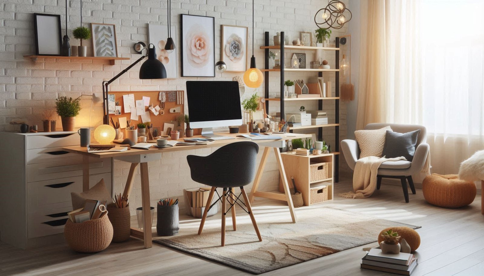 Cozy home office with scented candles and a comfy blanket on a chair