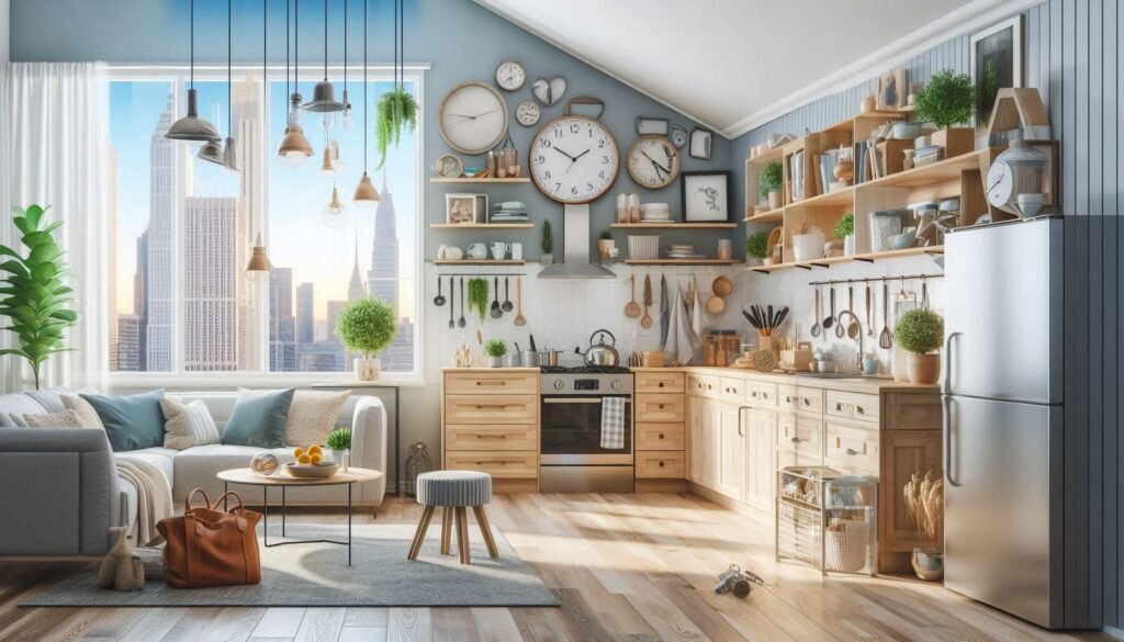 rganized kitchen with open shelving and clear storage containers for pantry items.